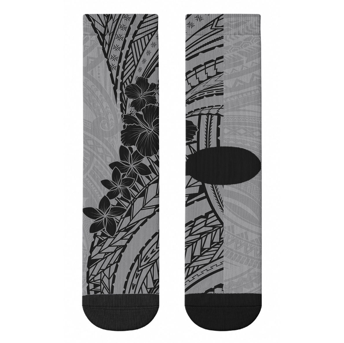 Black Gray Polynesia Tropical Flowers Crew Socks