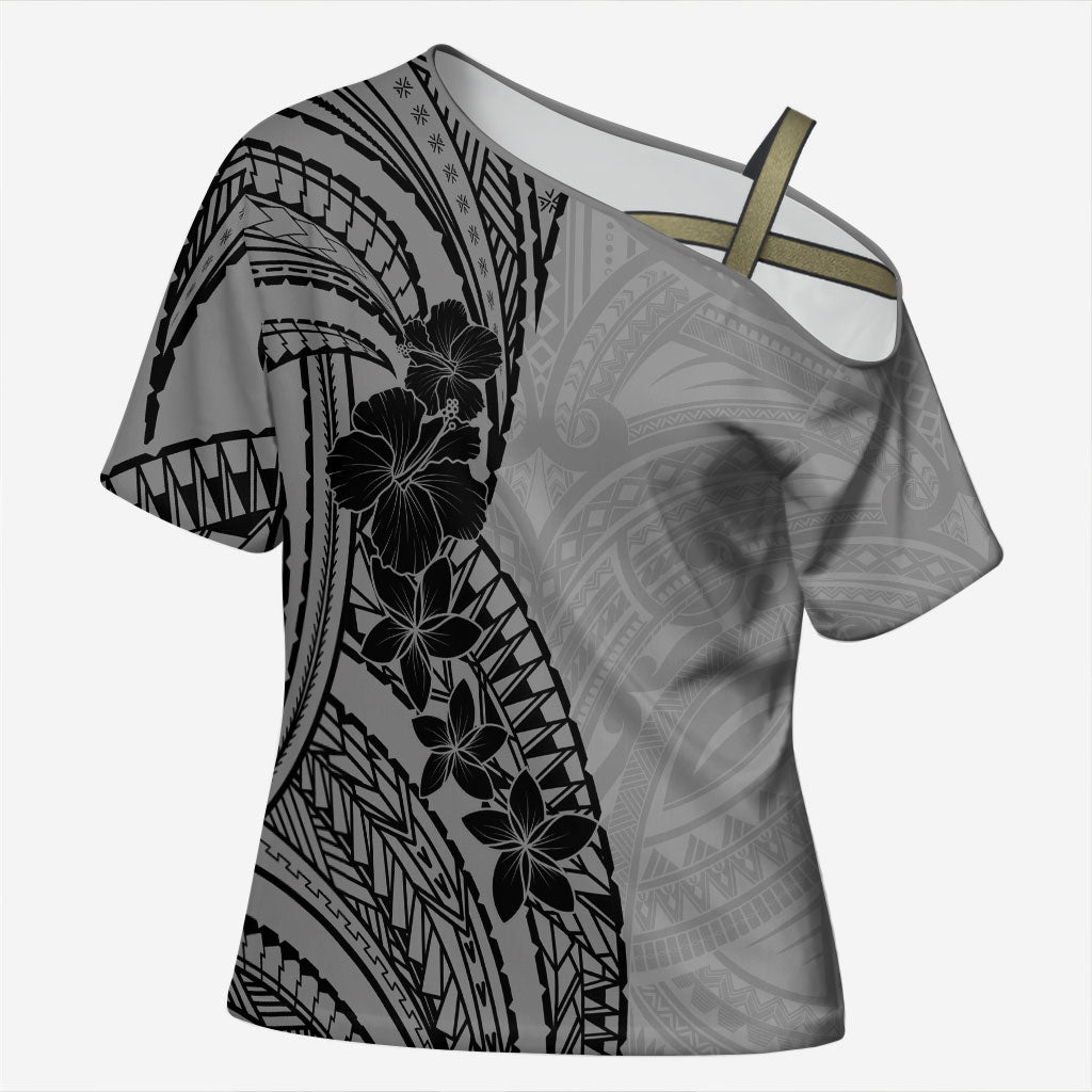 Black Gray Polynesia Tropical Flowers Cross Shoulder Shirt
