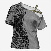 Black Gray Polynesia Tropical Flowers Cross Shoulder Shirt
