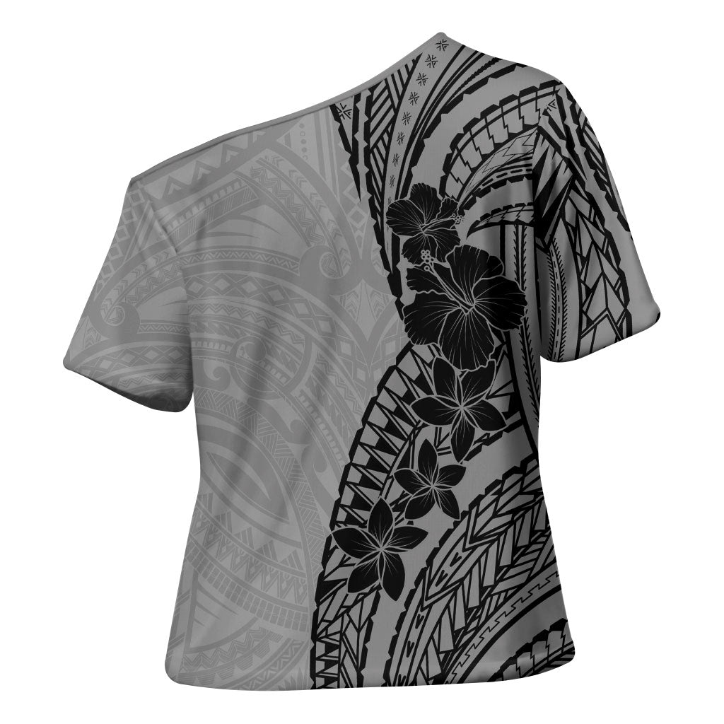 Black Gray Polynesia Tropical Flowers Cross Shoulder Shirt