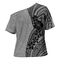 Black Gray Polynesia Tropical Flowers Cross Shoulder Shirt