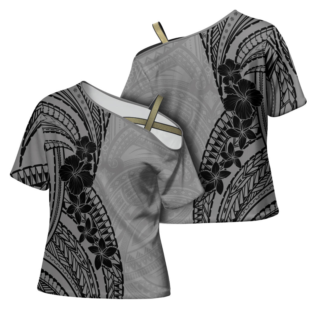 Black Gray Polynesia Tropical Flowers Cross Shoulder Shirt