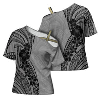 Black Gray Polynesia Tropical Flowers Cross Shoulder Shirt