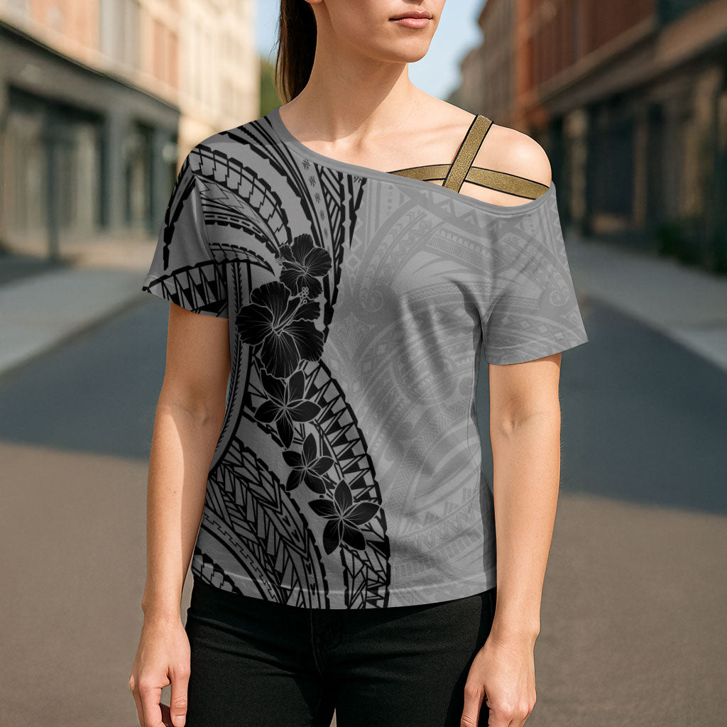 Black Gray Polynesia Tropical Flowers Cross Shoulder Shirt