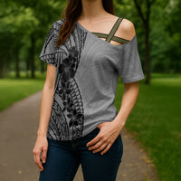 Black Gray Polynesia Tropical Flowers Cross Shoulder Shirt