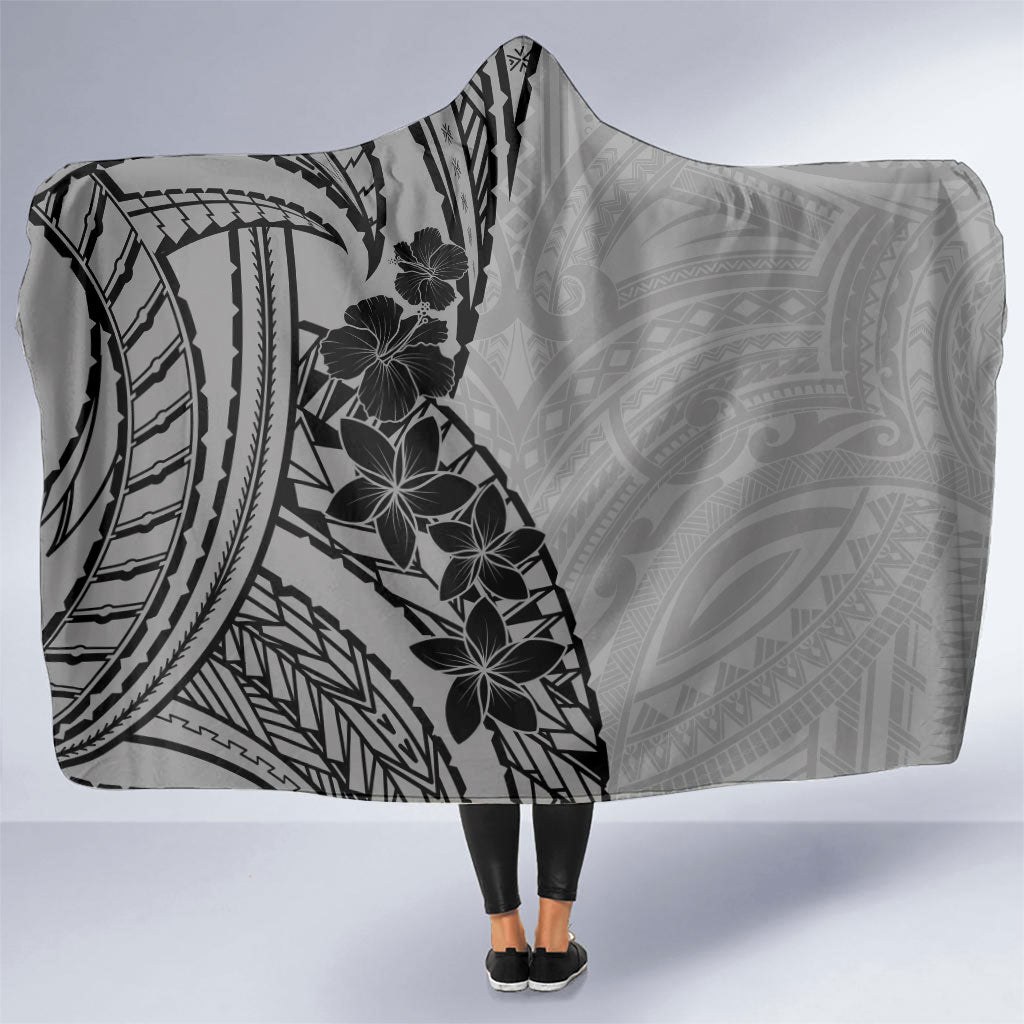 Black Gray Polynesia Tropical Flowers Hooded Blanket
