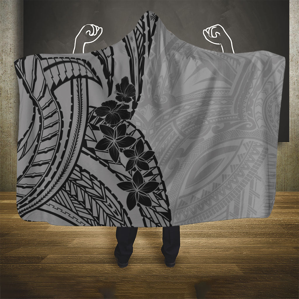 Black Gray Polynesia Tropical Flowers Hooded Blanket