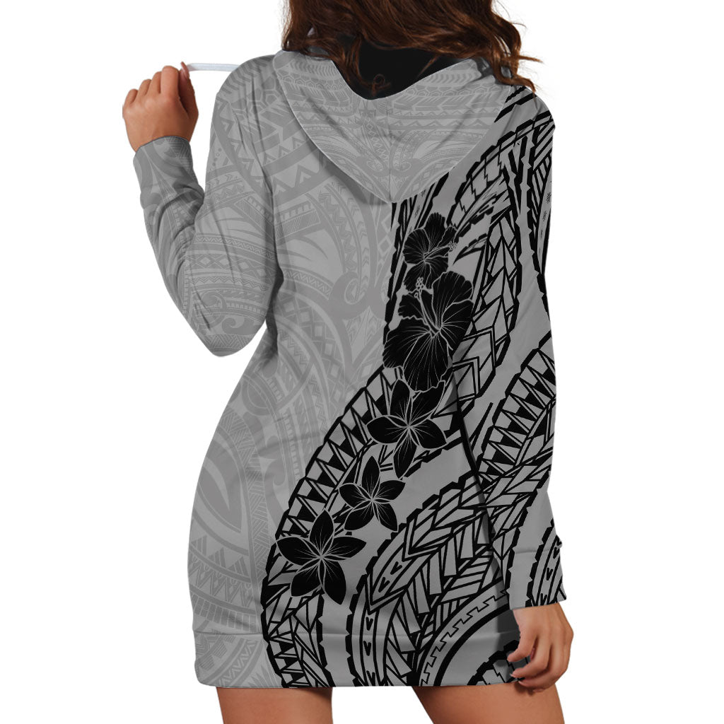 Black Gray Polynesia Tropical Flowers Hoodie Dress