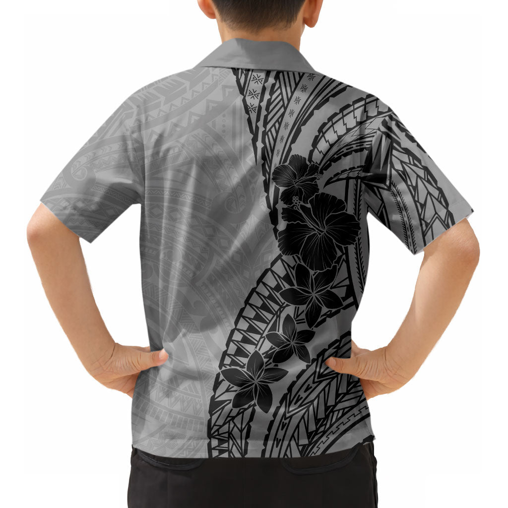 Black Gray Polynesia Tropical Flowers Kid Hawaiian Shirt