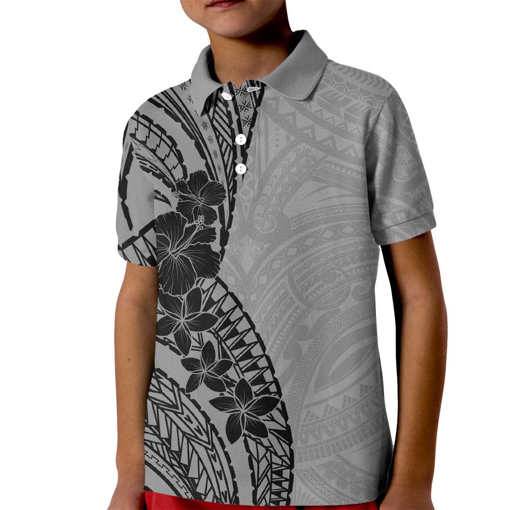 Black Gray Polynesia Tropical Flowers Kid Polo Shirt