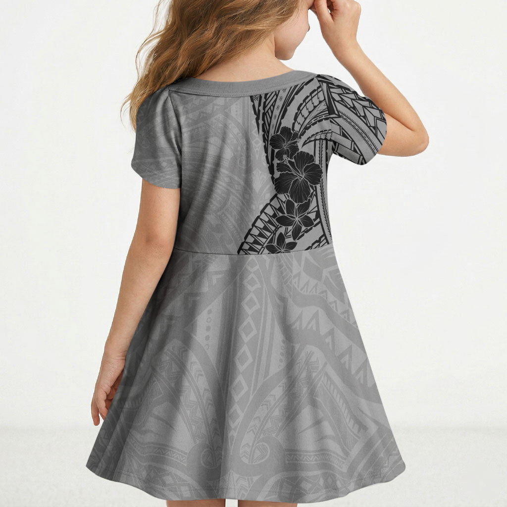 Black Gray Polynesia Tropical Flowers Kid Short Sleeve Dress LT14 - Polynesian Pride