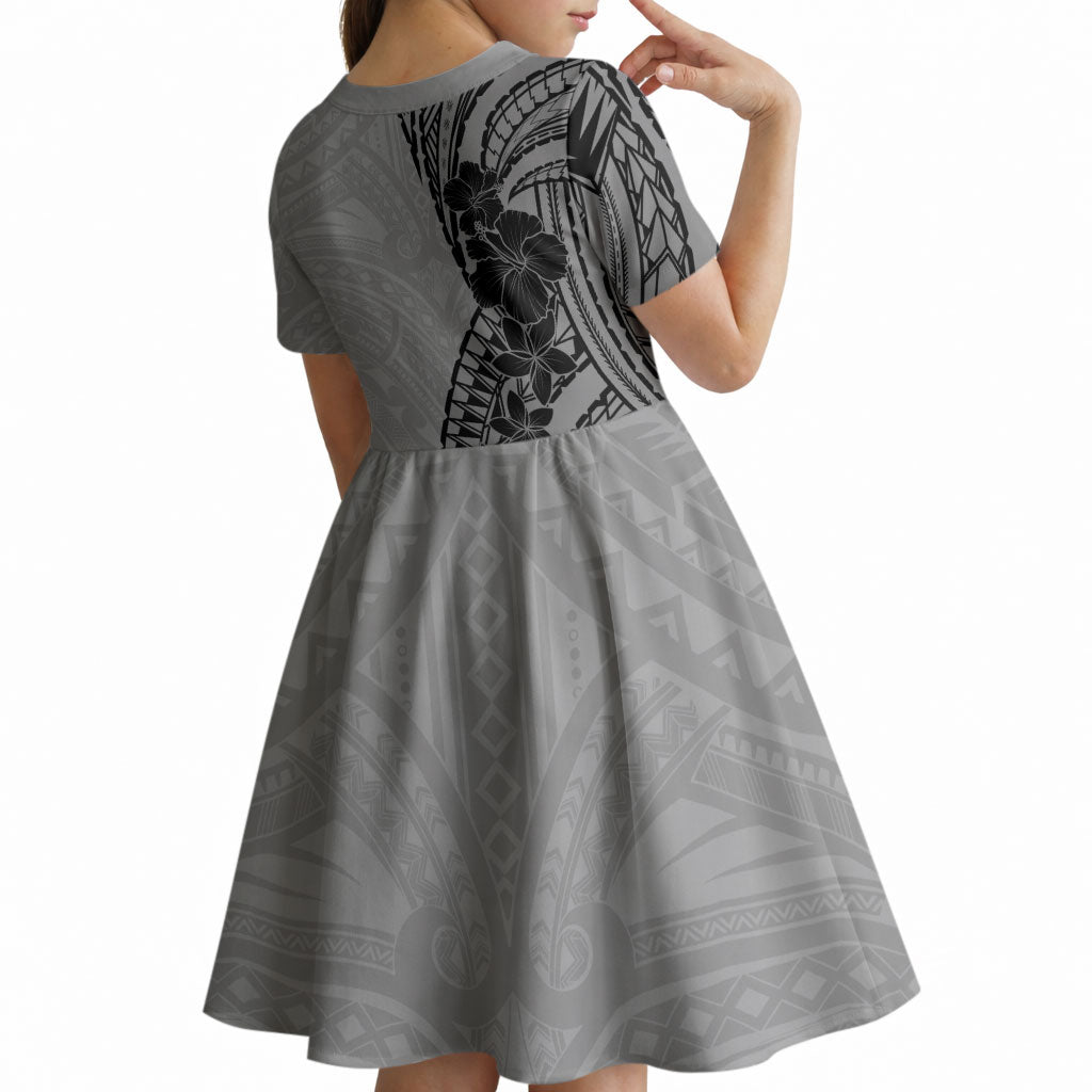 Black Gray Polynesia Tropical Flowers Kid Short Sleeve Dress LT14 - Polynesian Pride