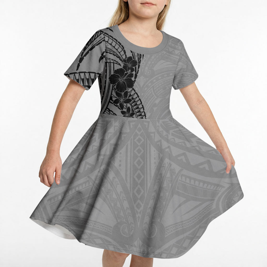 Black Gray Polynesia Tropical Flowers Kid Short Sleeve Dress LT14 - Polynesian Pride