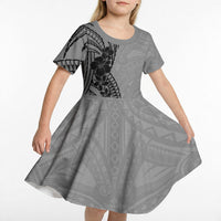 Black Gray Polynesia Tropical Flowers Kid Short Sleeve Dress LT14 - Polynesian Pride