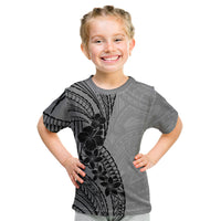 Black Gray Polynesia Tropical Flowers Kid T Shirt