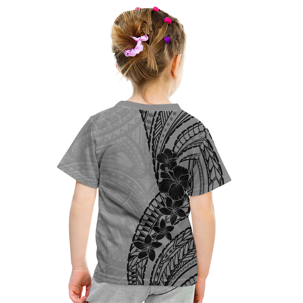 Black Gray Polynesia Tropical Flowers Kid T Shirt