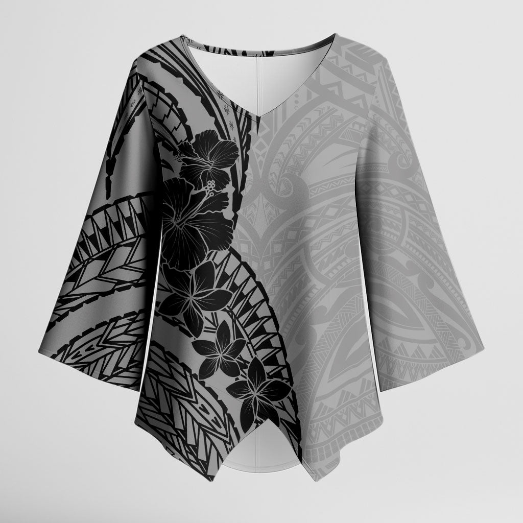 Black Gray Polynesia Tropical Flowers Kimono Sleeve Blouse