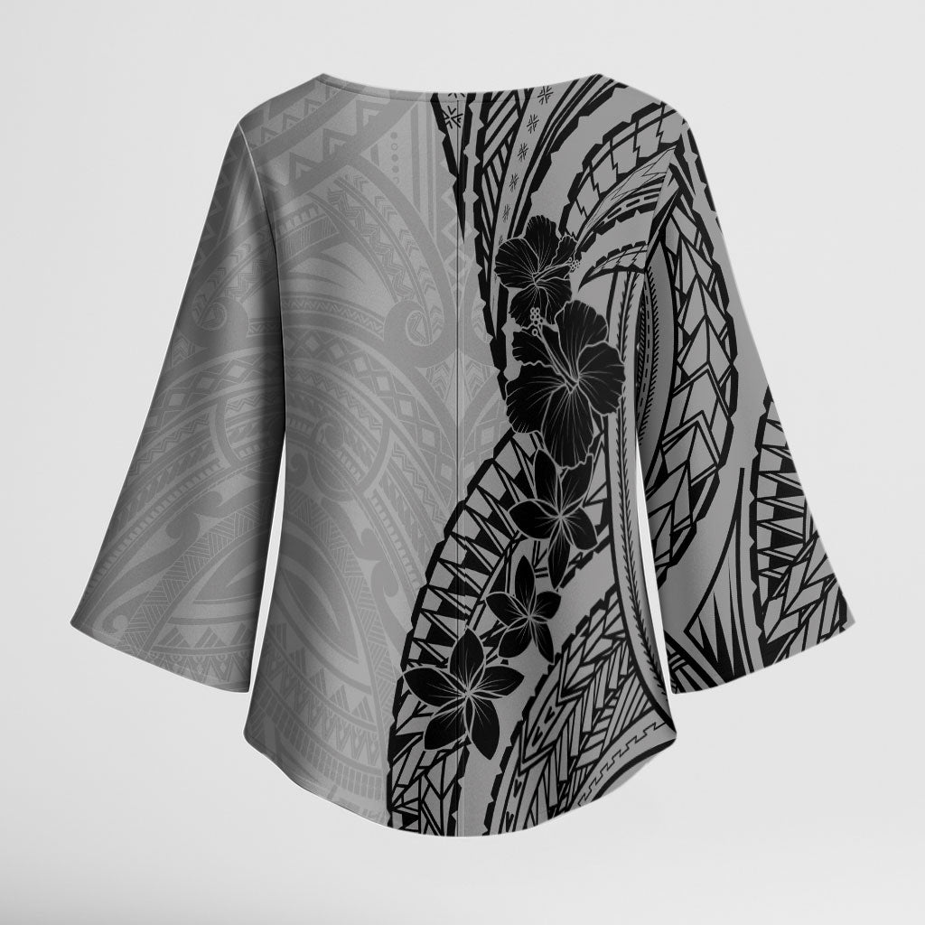 Black Gray Polynesia Tropical Flowers Kimono Sleeve Blouse