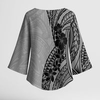 Black Gray Polynesia Tropical Flowers Kimono Sleeve Blouse