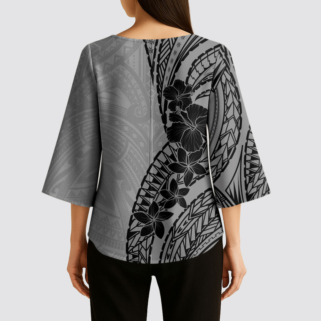 Black Gray Polynesia Tropical Flowers Kimono Sleeve Blouse