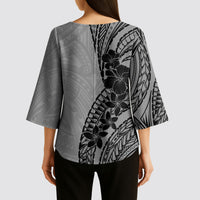 Black Gray Polynesia Tropical Flowers Kimono Sleeve Blouse