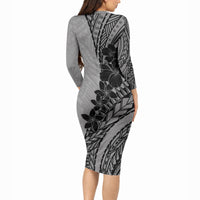 Black Gray Polynesia Tropical Flowers Long Sleeve Bodycon Dress