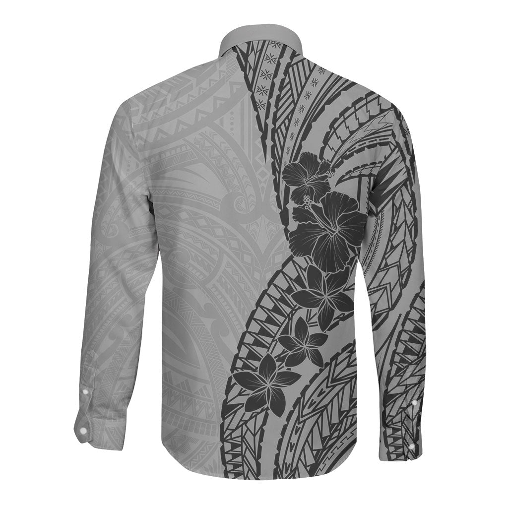 Black Gray Polynesia Tropical Flowers Long Sleeve Button Shirt LT14 - Polynesian Pride