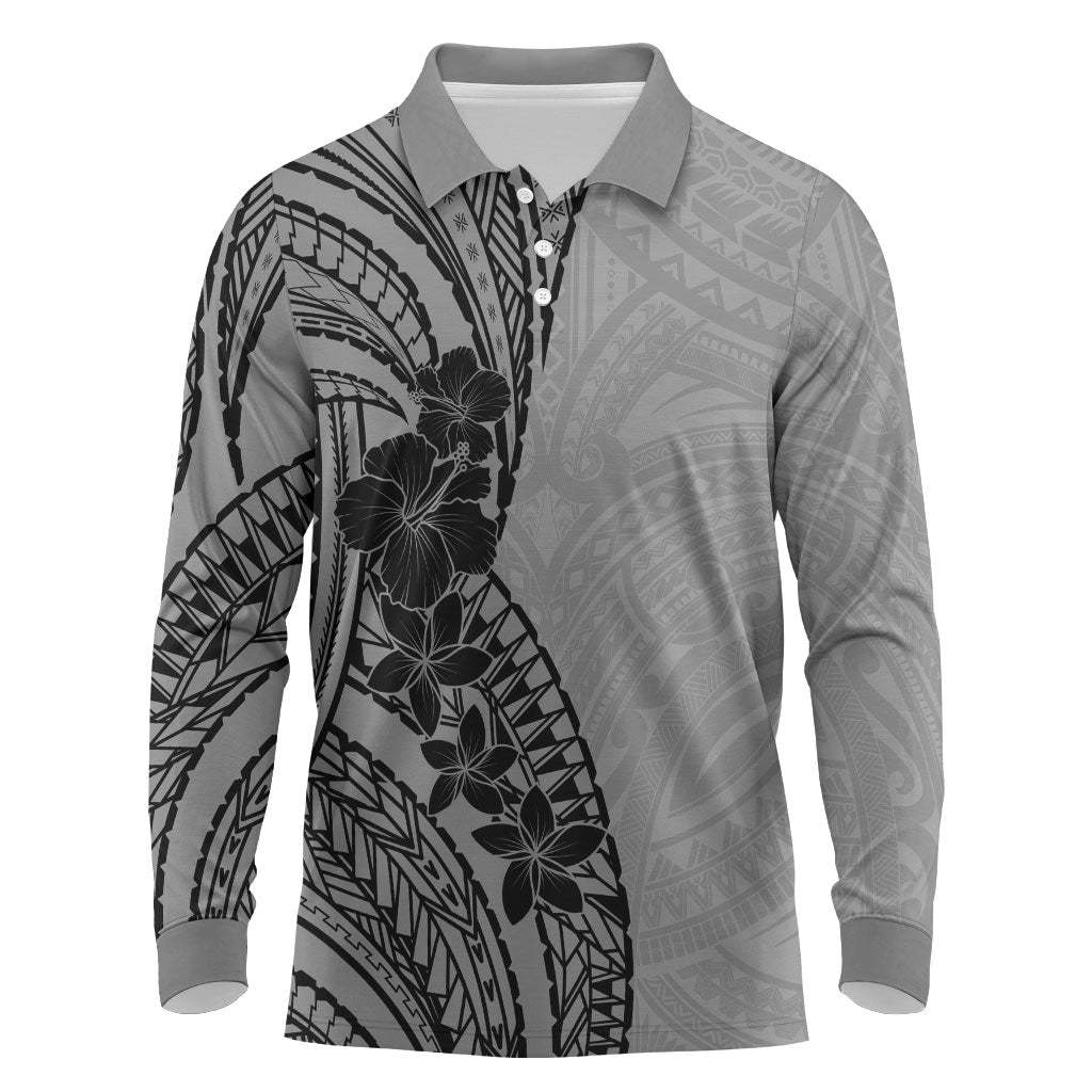 Black Gray Polynesia Tropical Flowers Long Sleeve Polo Shirt LT14 Gray - Polynesian Pride