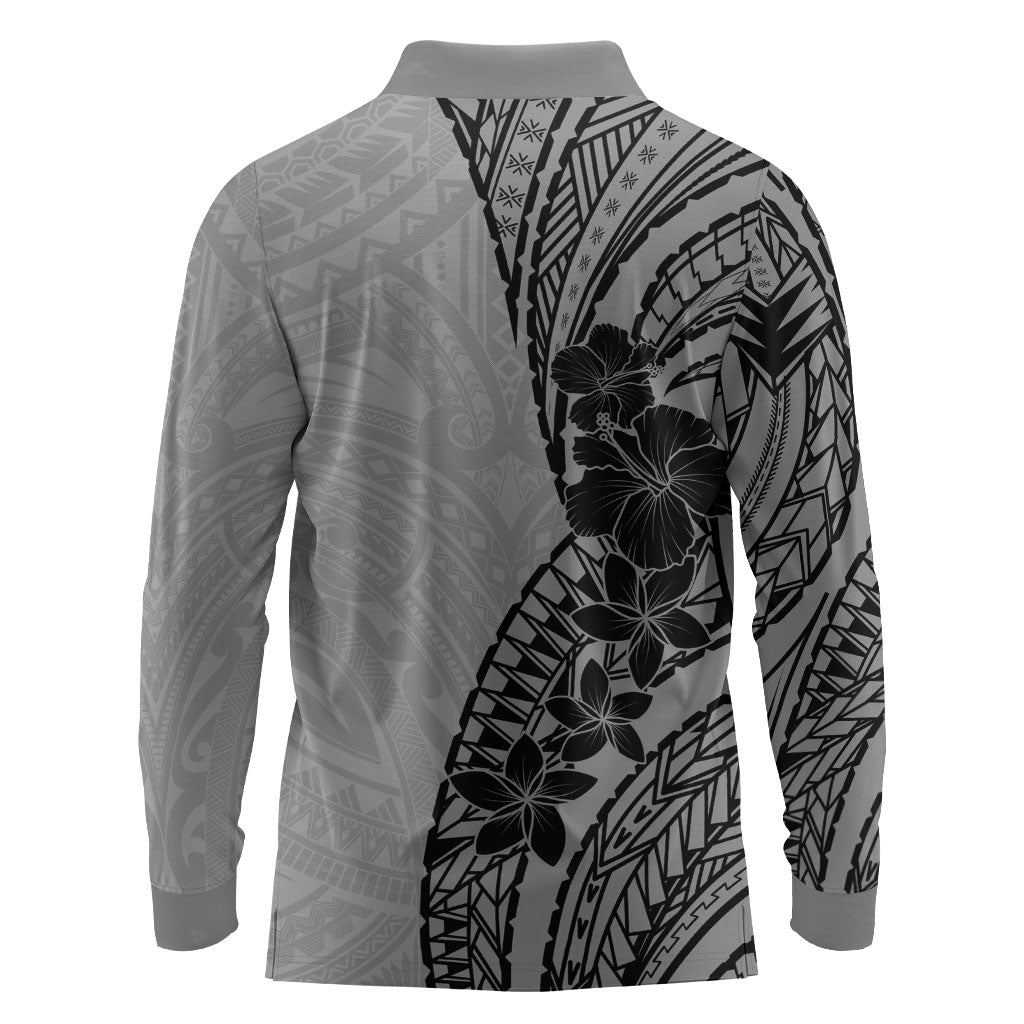 Black Gray Polynesia Tropical Flowers Long Sleeve Polo Shirt LT14 - Polynesian Pride