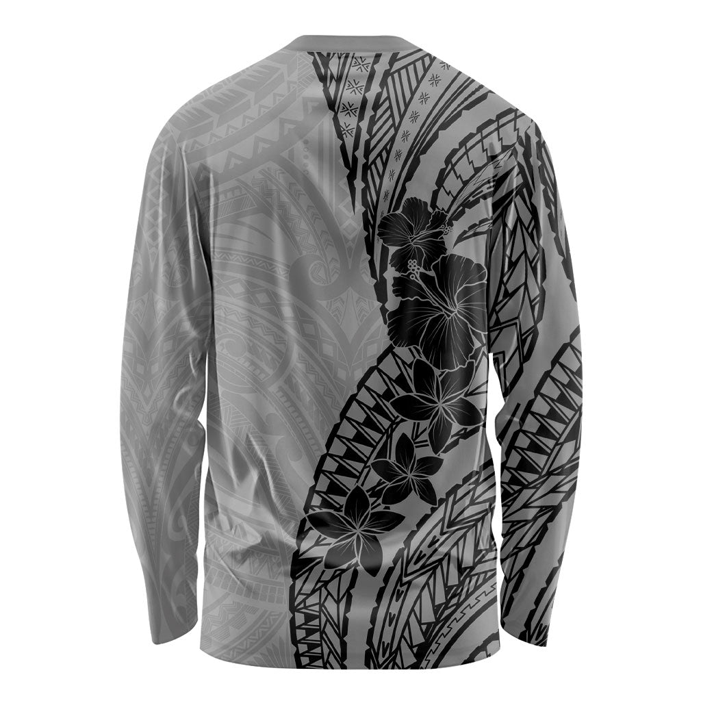 Black Gray Polynesia Tropical Flowers Long Sleeve Shirt