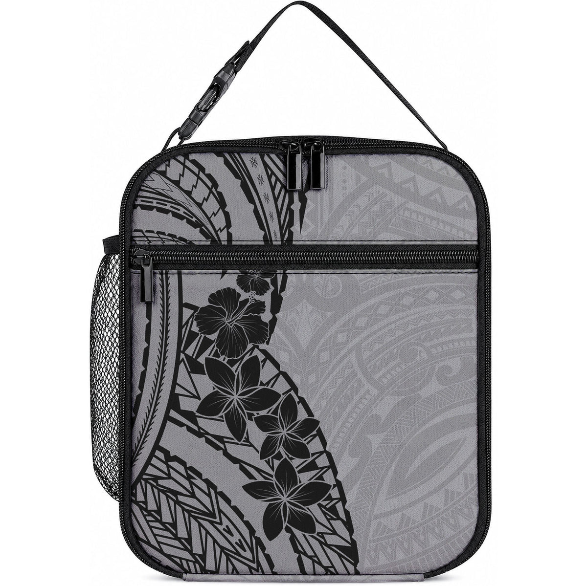 Black Gray Polynesia Tropical Flowers Lunch Bag LT14 10.2 × 8.3 × 4.3 inch Gray - Polynesian Pride