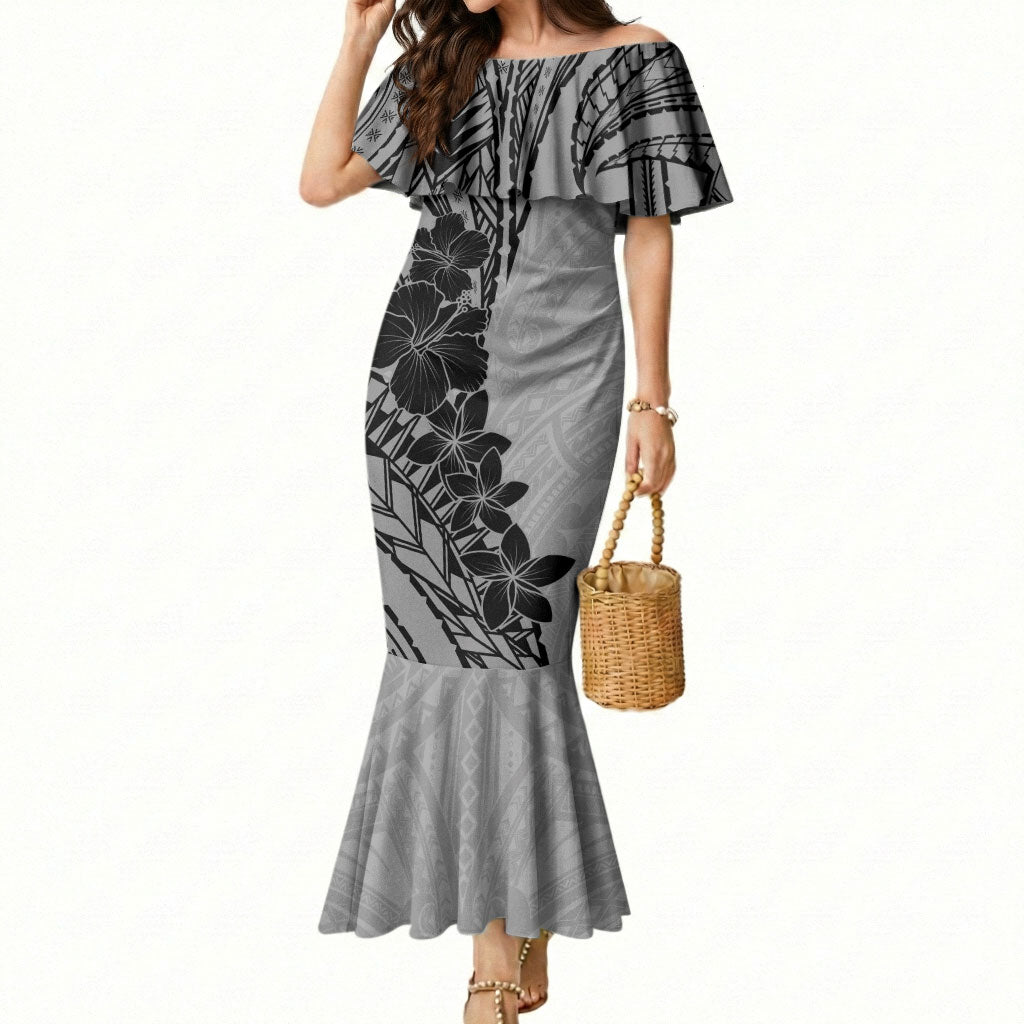 Black Gray Polynesia Tropical Flowers Mermaid Dress LT14 Women Gray - Polynesian Pride