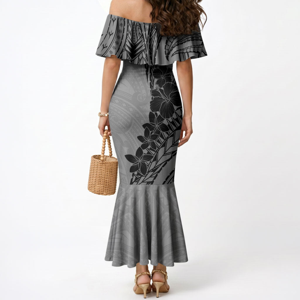 Black Gray Polynesia Tropical Flowers Mermaid Dress LT14 - Polynesian Pride