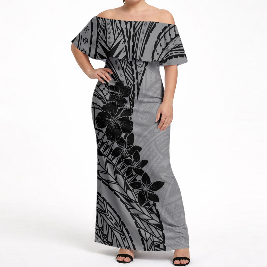 Black Gray Polynesia Tropical Flowers Off Shoulder Maxi Dress