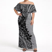Black Gray Polynesia Tropical Flowers Off Shoulder Maxi Dress
