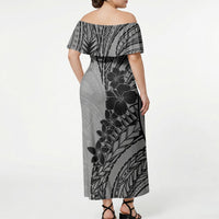 Black Gray Polynesia Tropical Flowers Off Shoulder Maxi Dress