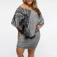 Black Gray Polynesia Tropical Flowers Off Shoulder Short Dress LT14 Women Gray - Polynesian Pride