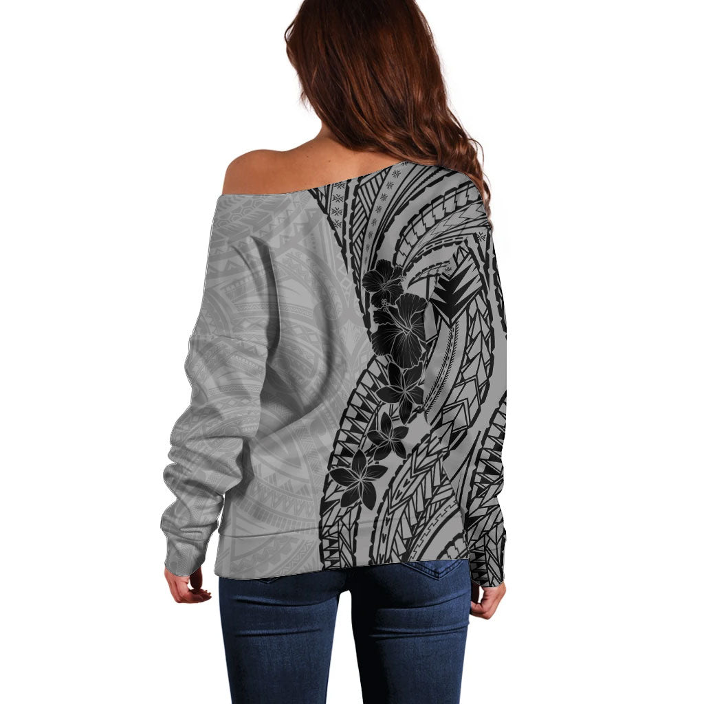 Black Gray Polynesia Tropical Flowers Off Shoulder Sweater LT14 - Polynesian Pride