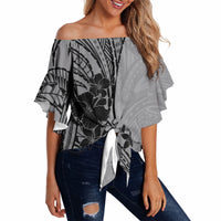 Black Gray Polynesia Tropical Flowers Off Shoulder Wrap Waist Top