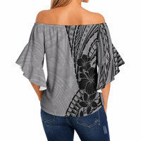 Black Gray Polynesia Tropical Flowers Off Shoulder Wrap Waist Top
