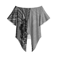 Black Gray Polynesia Tropical Flowers Off Shoulder Wrap Waist Top