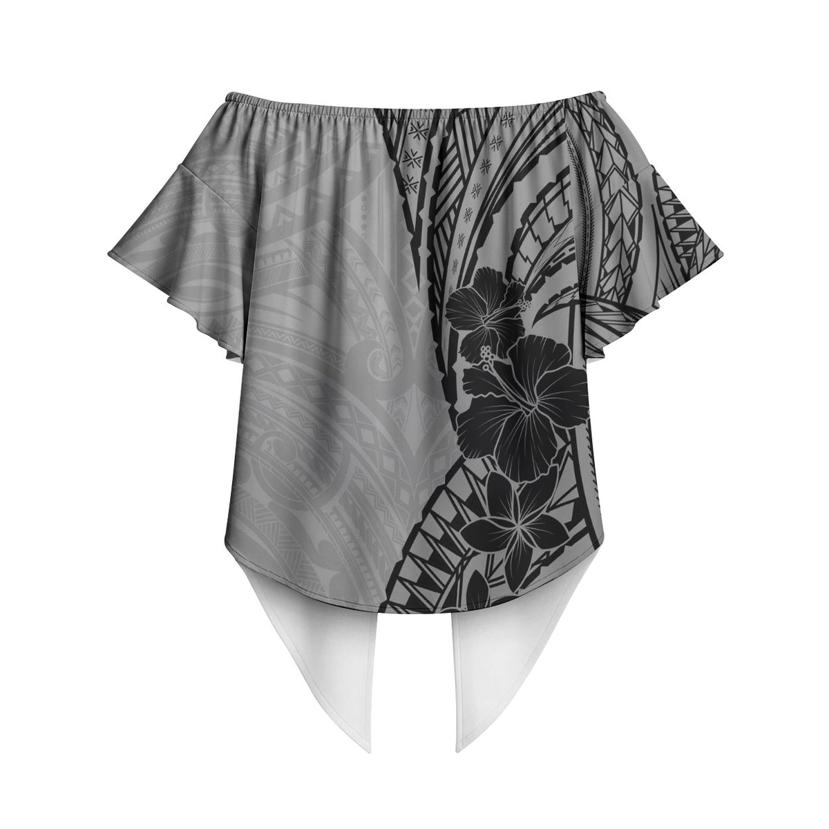 Black Gray Polynesia Tropical Flowers Off Shoulder Wrap Waist Top