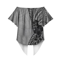 Black Gray Polynesia Tropical Flowers Off Shoulder Wrap Waist Top