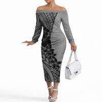 Black Gray Polynesia Tropical Flowers Off The Shoulder Long Sleeve Dress LT14 Women Gray - Polynesian Pride