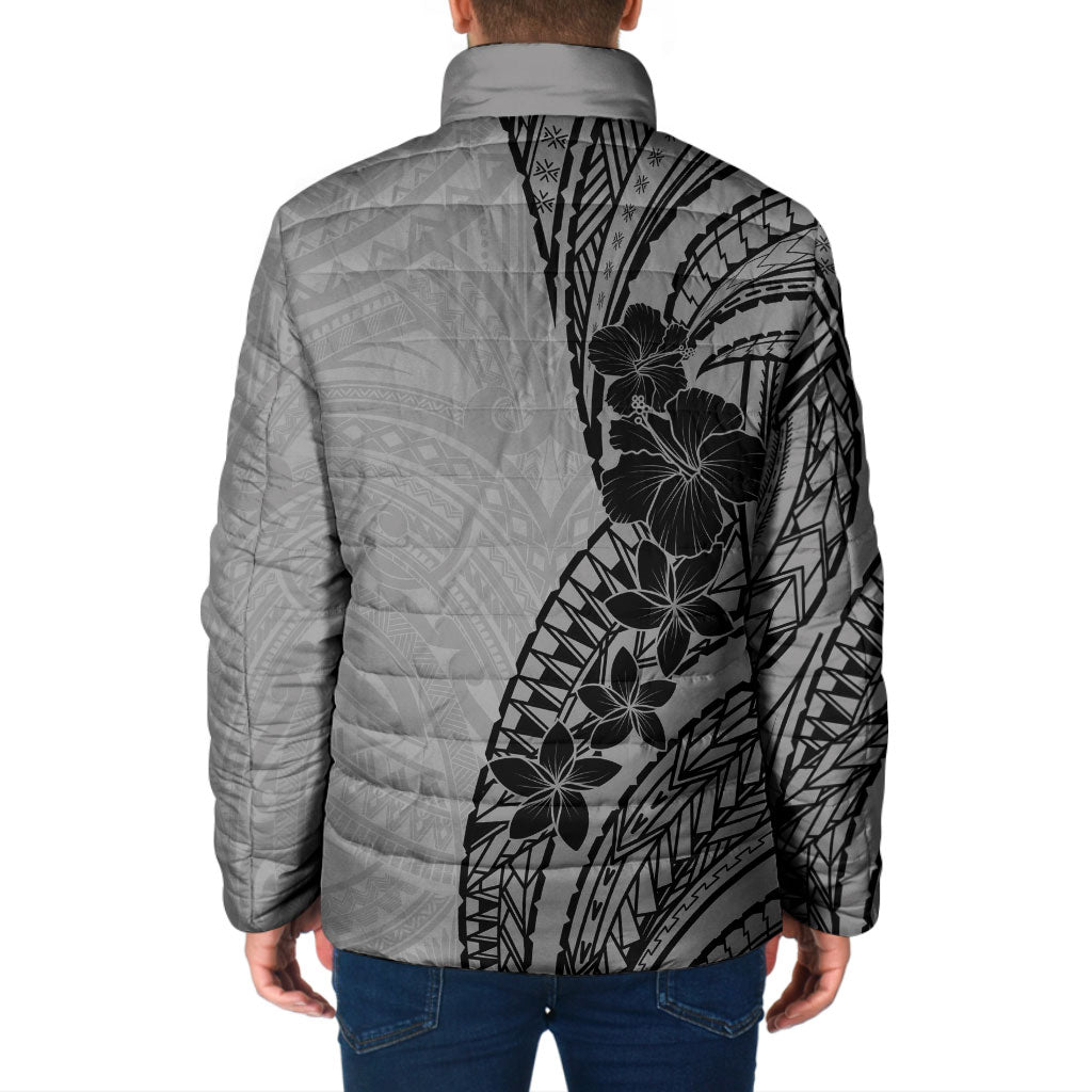 Black Gray Polynesia Tropical Flowers Padded Jacket