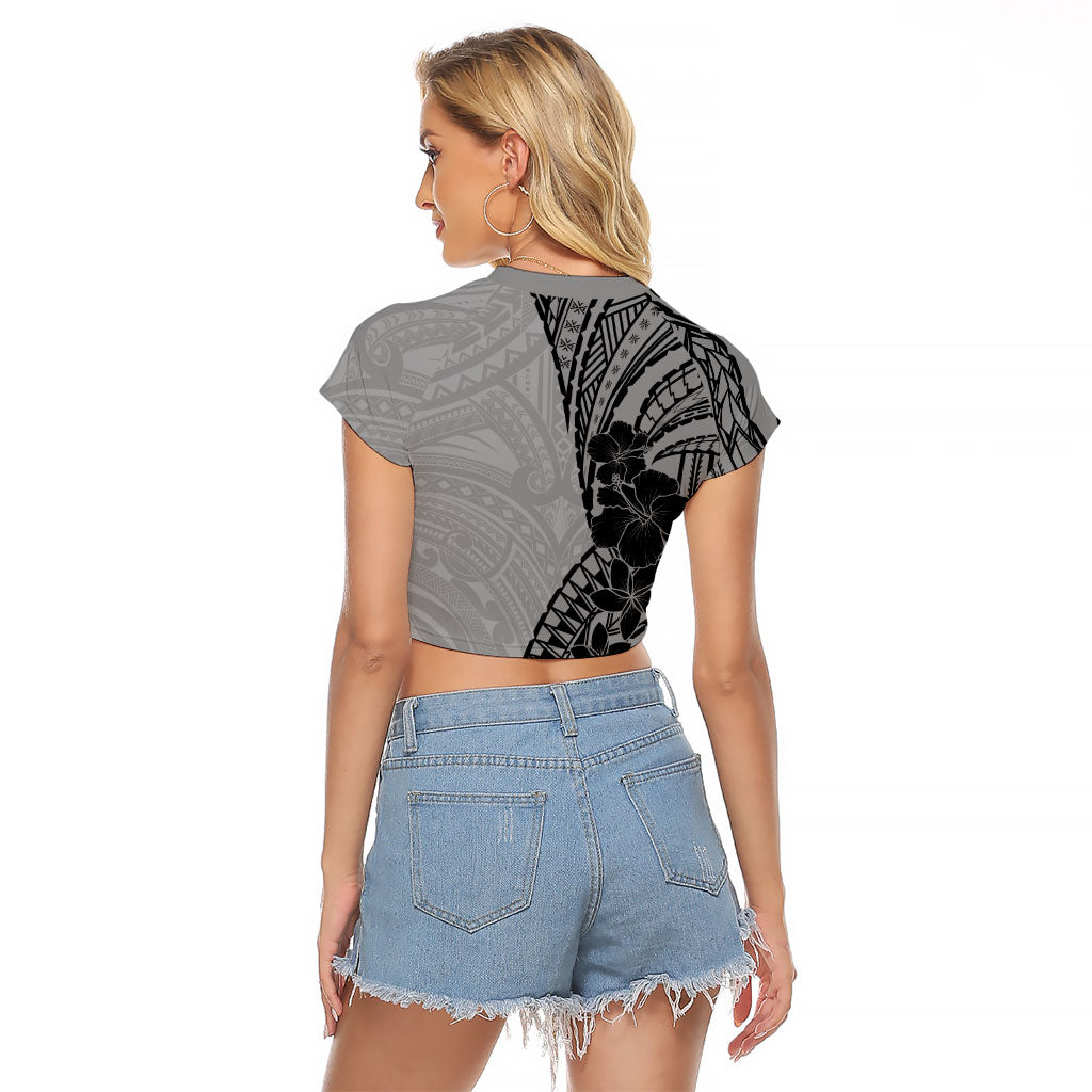 Black Gray Polynesia Tropical Flowers Raglan Cropped T Shirt