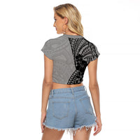 Black Gray Polynesia Tropical Flowers Raglan Cropped T Shirt