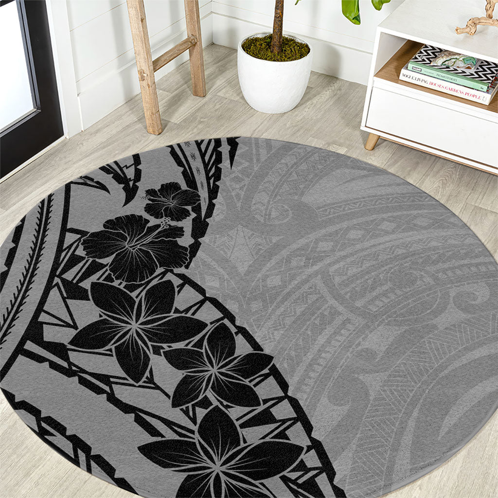 Black Gray Polynesia Tropical Flowers Round Carpet LT14 Gray - Polynesian Pride