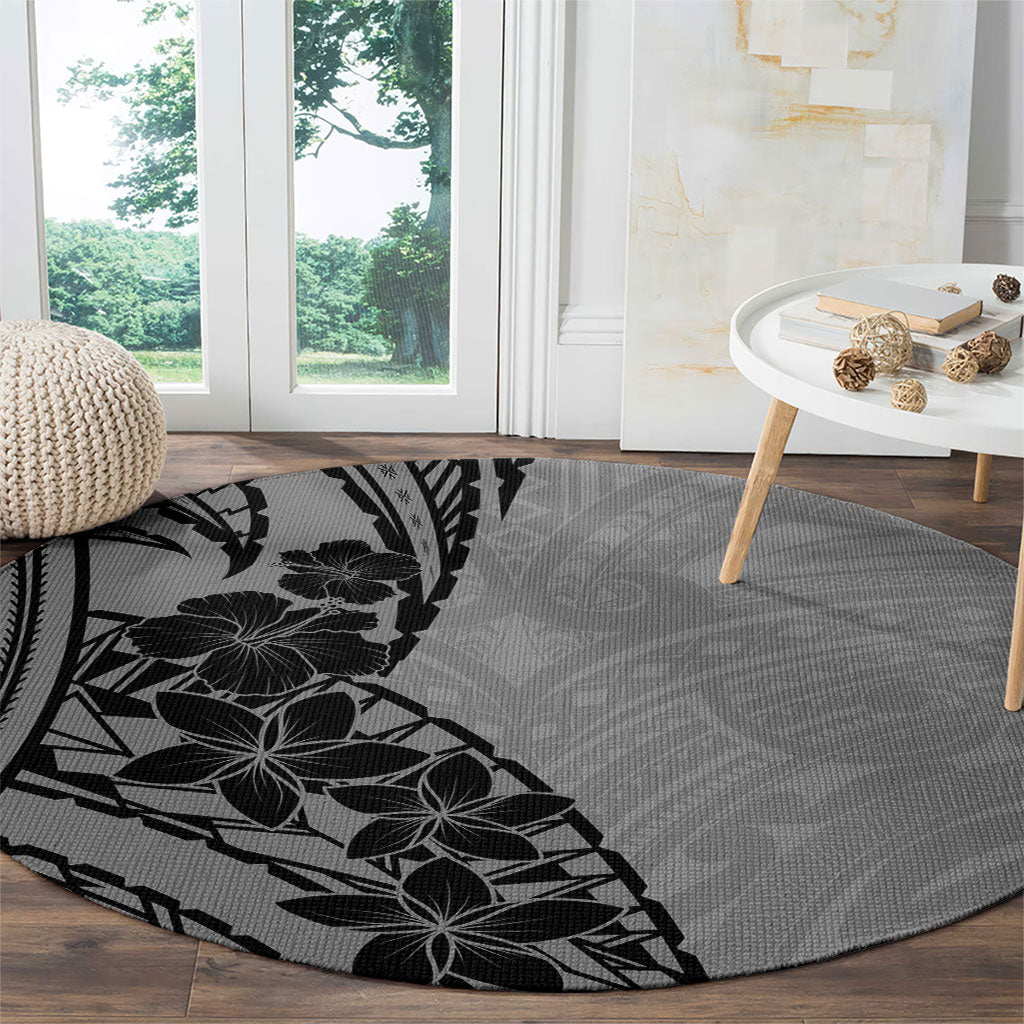 Black Gray Polynesia Tropical Flowers Round Carpet LT14 - Polynesian Pride