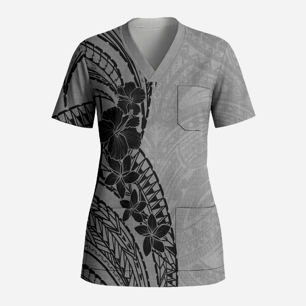 Black Gray Polynesia Tropical Flowers Scrub Top LT14 Adult Gray - Polynesian Pride